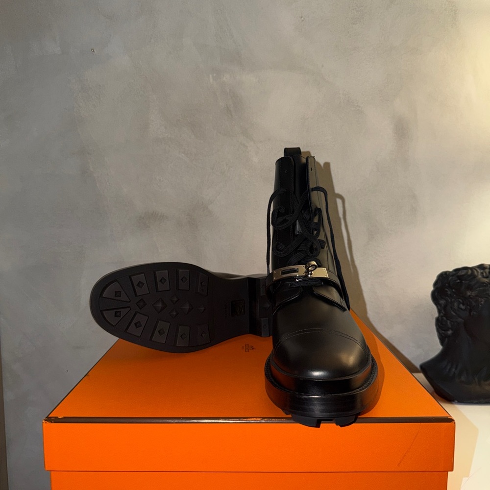 Hermes Black Leather Combat Boots